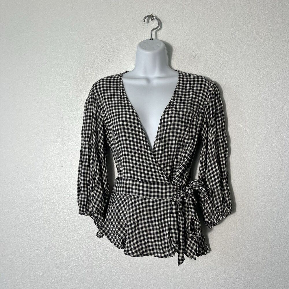Ganni Gingham Wrap Top Balloon Sleeve Black White Blouse Women’s Size EU 38/US 6 - Picture 4 of 9